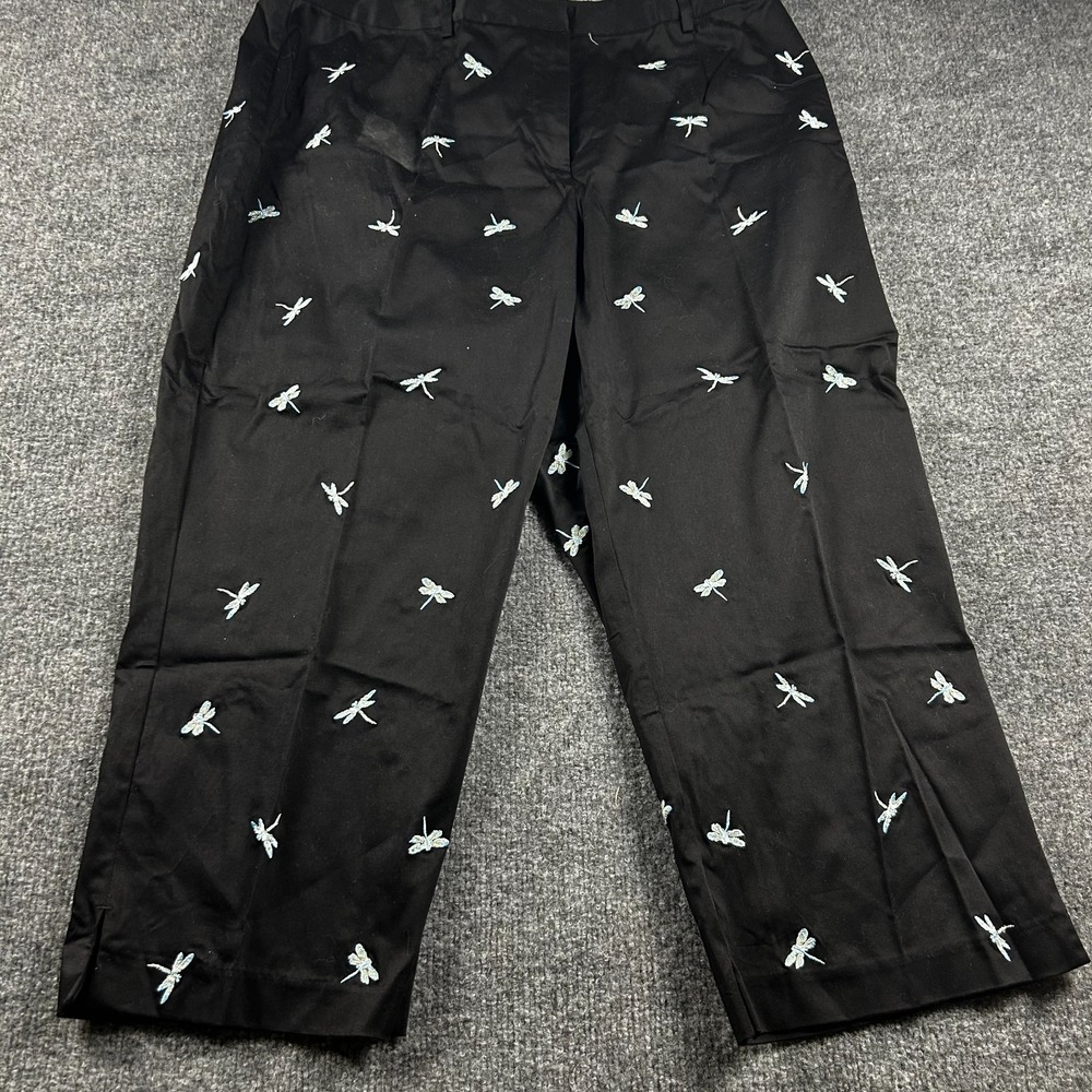 Style & Co Julie Pants 16W Black Stretch Dragonfly Embroidered Crop 6588BLK